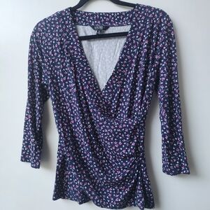 Ralph Lauren Black Label Blue and Pink Floral Womens Faux Wrap Top M 3/4 Sleeves